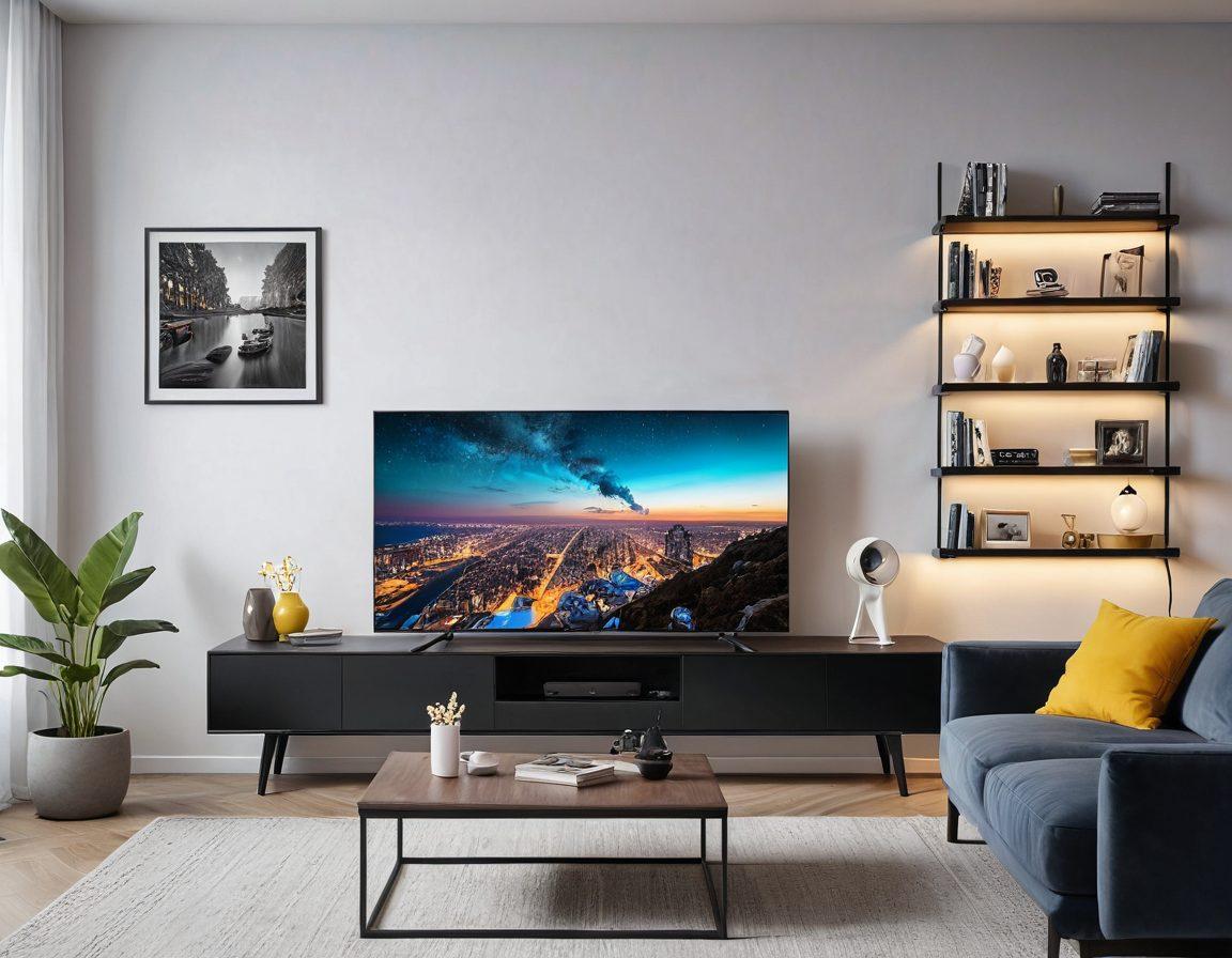 A modern living room setting featuring a sleek mini TV mounted on the wall, with a cozy sofa, stylish shelves, and contemporary lighting, highlighting the TV's screen displaying a dynamic movie scene. A person holding a remote control and a bowl of popcorn completes the scene, creating an inviting and cinematic atmosphere. super-realistic. vibrant colors. white background.