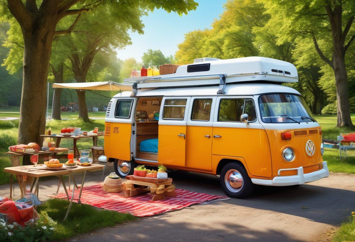A vibrant scene showcasing portable TVs being used in diverse, creative settings: one TV in a cozy camper van during a road trip, another setup as a kitchen counter space-saver streaming recipes, and one being used outdoors in a chic urban park picnic. Include cheerful people enjoying these scenarios. Bold colors, semi-realistic, lively atmosphere.