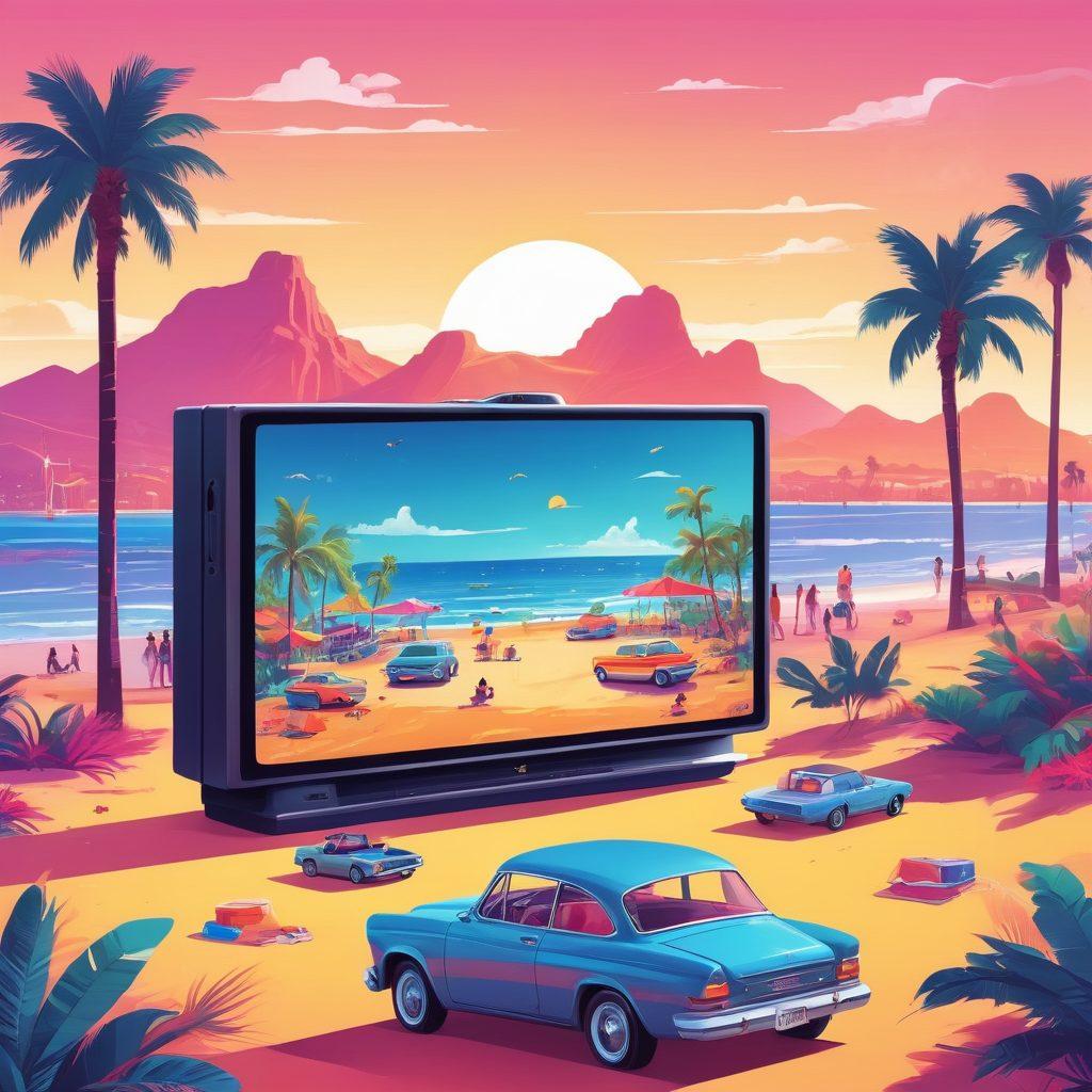 A vibrant illustration of various tiny TVs set in unique scenarios like a beach picnic, a cozy car ride, and a bustling city park, showcasing their versatility and portability. Each TV displays different vibrant scenes such as movies, sports, and video games. Add smiling people enjoying the tiny TVs in each setting. vector art. vibrant colors.